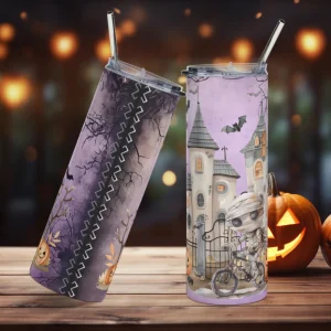 Vaso de acero inoxidable con bonita momia de cuento en bicicleta con castillo, calabazas y murciélagos