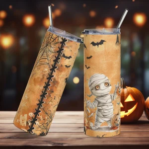 Vaso de acero inoxidable con bonita momia de cuento con murciélagos y fondo naranja