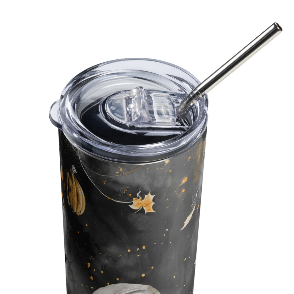 Vaso de acero inoxidable con bonita momia de cuento en fondo negro y calabazas - Imagen 5