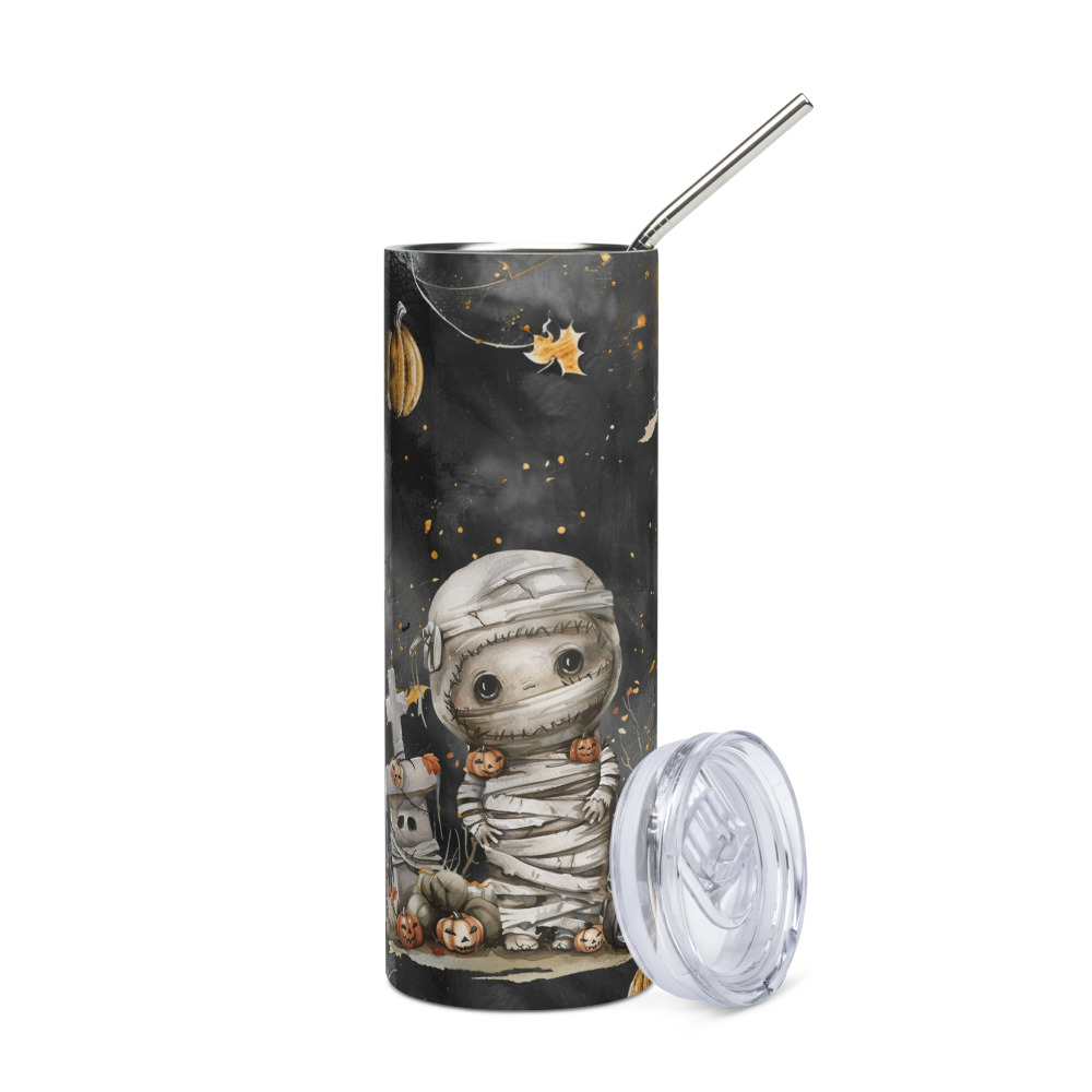 Vaso de acero inoxidable con bonita momia de cuento en fondo negro y calabazas - Imagen 2