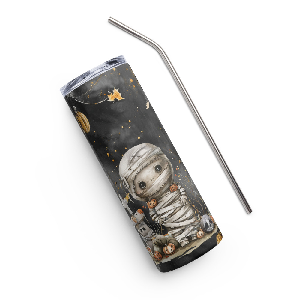 Vaso de acero inoxidable con bonita momia de cuento en fondo negro y calabazas - Imagen 3