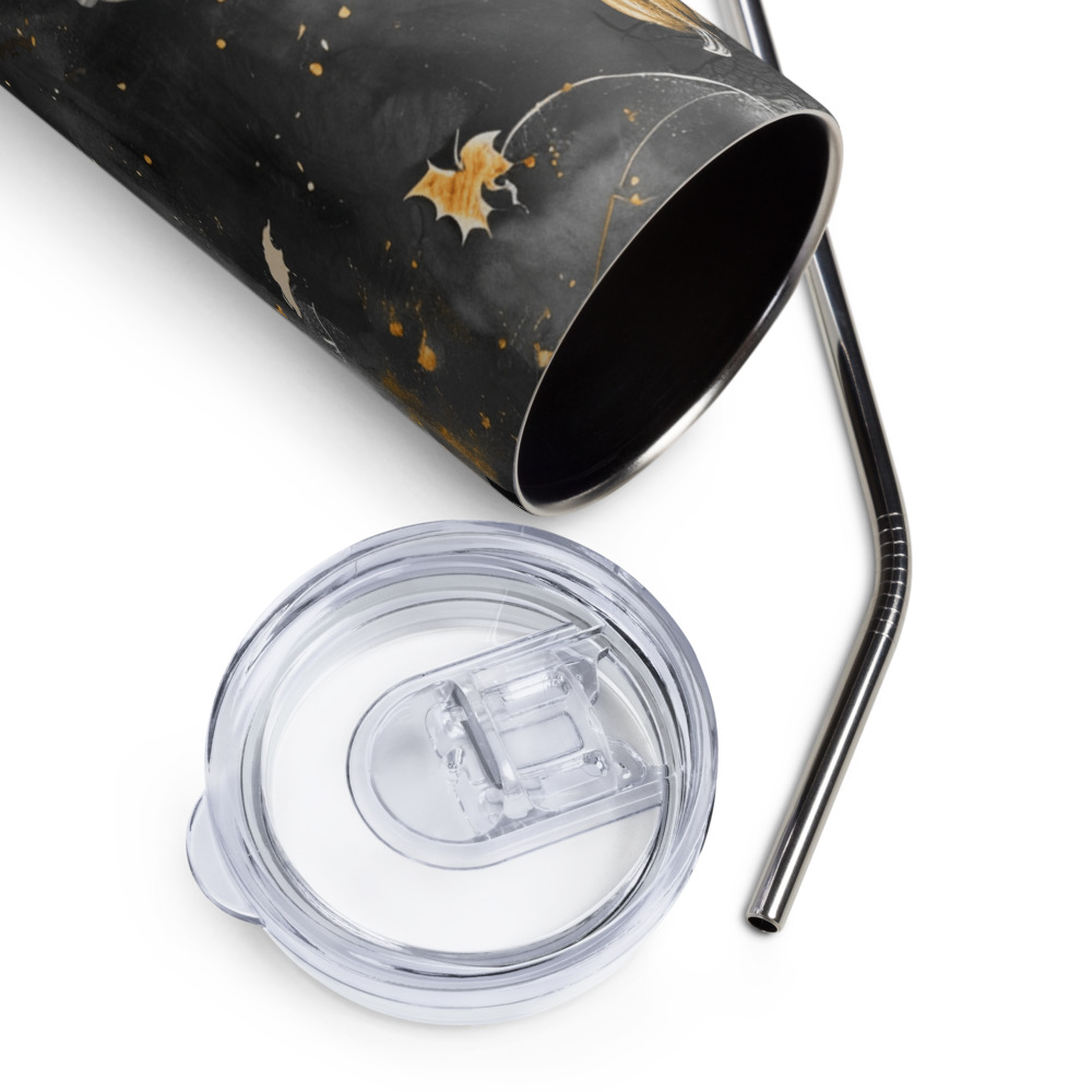 Vaso de acero inoxidable con bonita momia de cuento en fondo negro y calabazas - Imagen 6