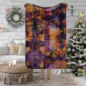 Manta de Tranquilidad con Cuadros en tonos Lila y Lavanda con Manchas anaranjadas