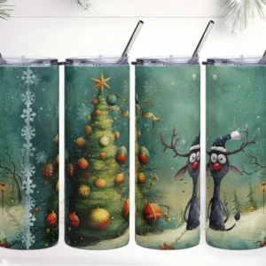 Vaso de acero inoxidable con caricatura de un divertido reno y árbol de navidad