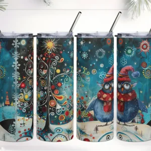 Vaso de acero inoxidable con divertido pájaro atolondrado y árbol de navidad psicodélico con espirales