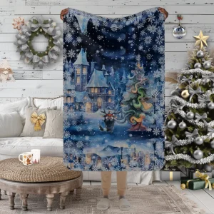 Manta con diseño de Aldea de cuento de Navidad en invierno con Árbol de ondas y colores