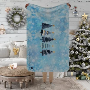 Manta con diseño de Abetos azules de invierno con estrellas doradas y fondo de nieve
