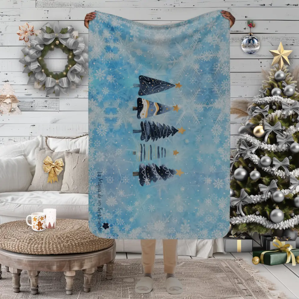 Manta con diseño de Abetos azules de invierno con estrellas doradas y fondo de nieve