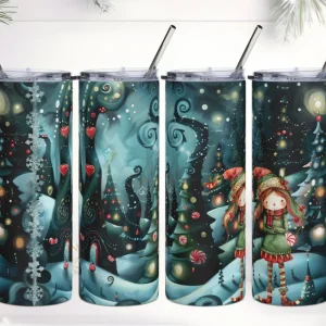 Vaso de acero inoxidable con bonita escena nocturna de Aldea Mágica con una dulce Elfa