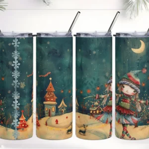 Vaso de acero inoxidable con una Niña posando en Navidad con Aldea de fantasía al fondo
