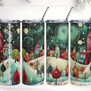 Vaso de acero inoxidable con Bonita Aldea de Cuento y dibujo de un tierno Reno