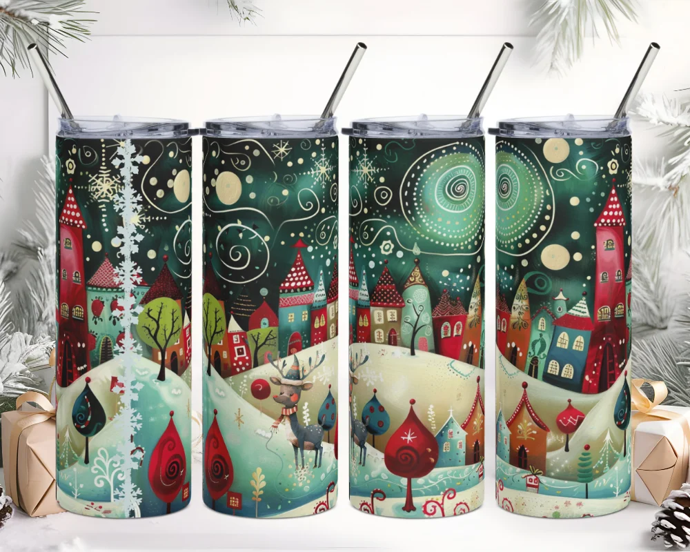 Vaso de acero inoxidable con Bonita Aldea de Cuento y dibujo de un tierno Reno