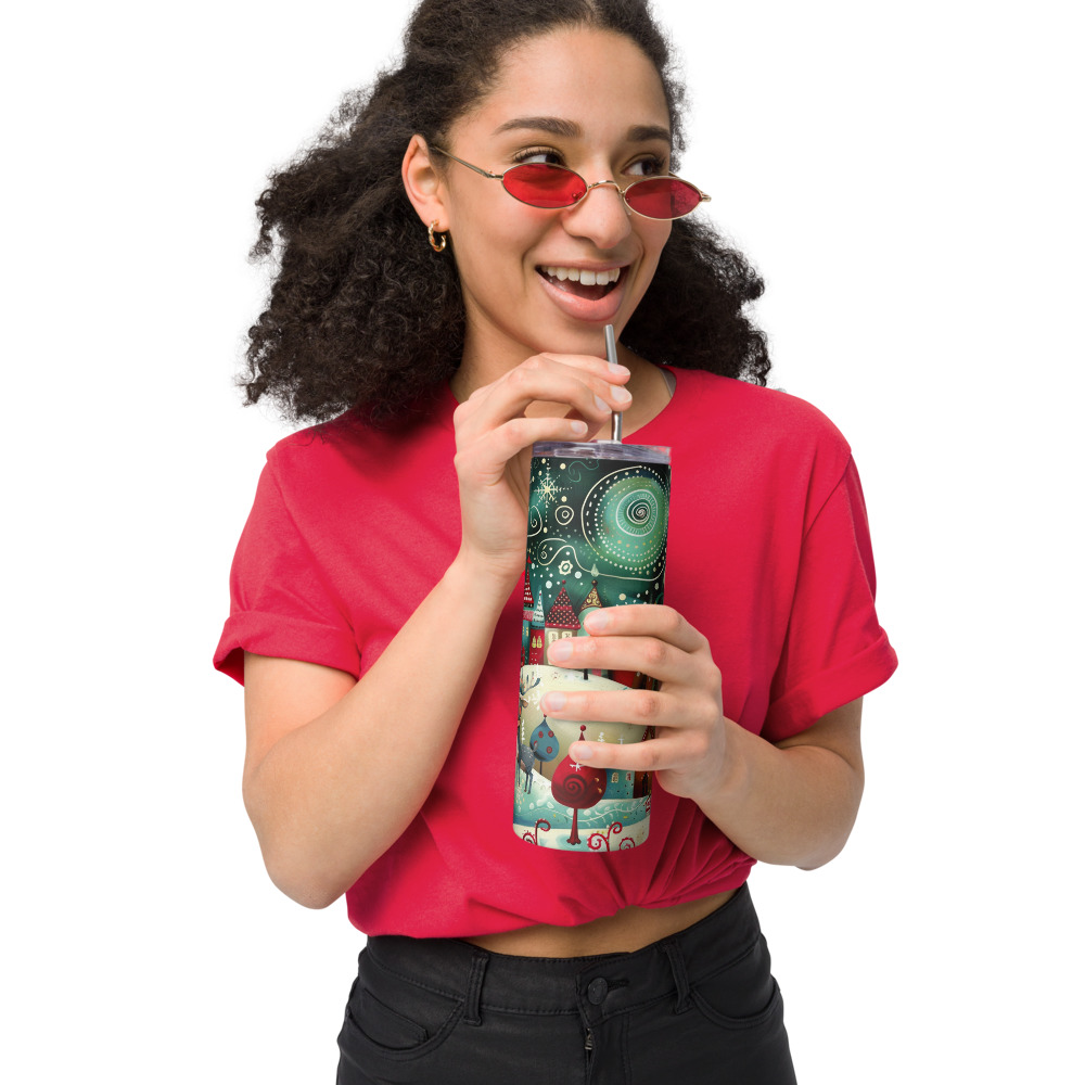 Vaso de acero inoxidable con Bonita Aldea de Cuento y dibujo de un tierno Reno - Imagen 2