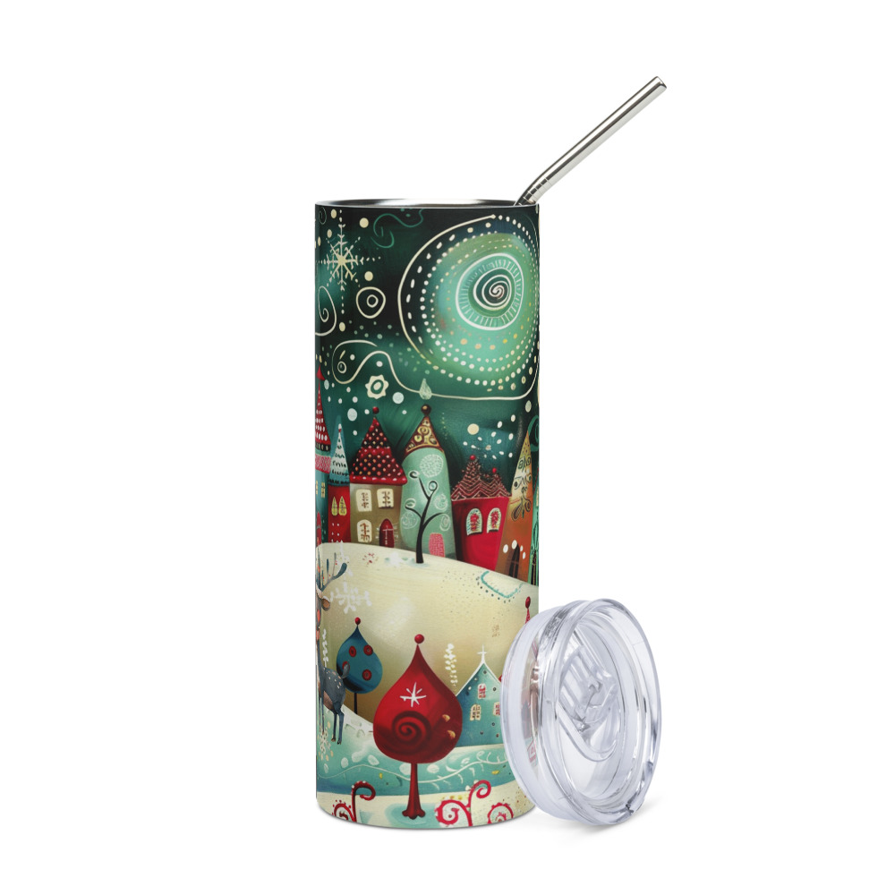 Vaso de acero inoxidable con Bonita Aldea de Cuento y dibujo de un tierno Reno - Imagen 3