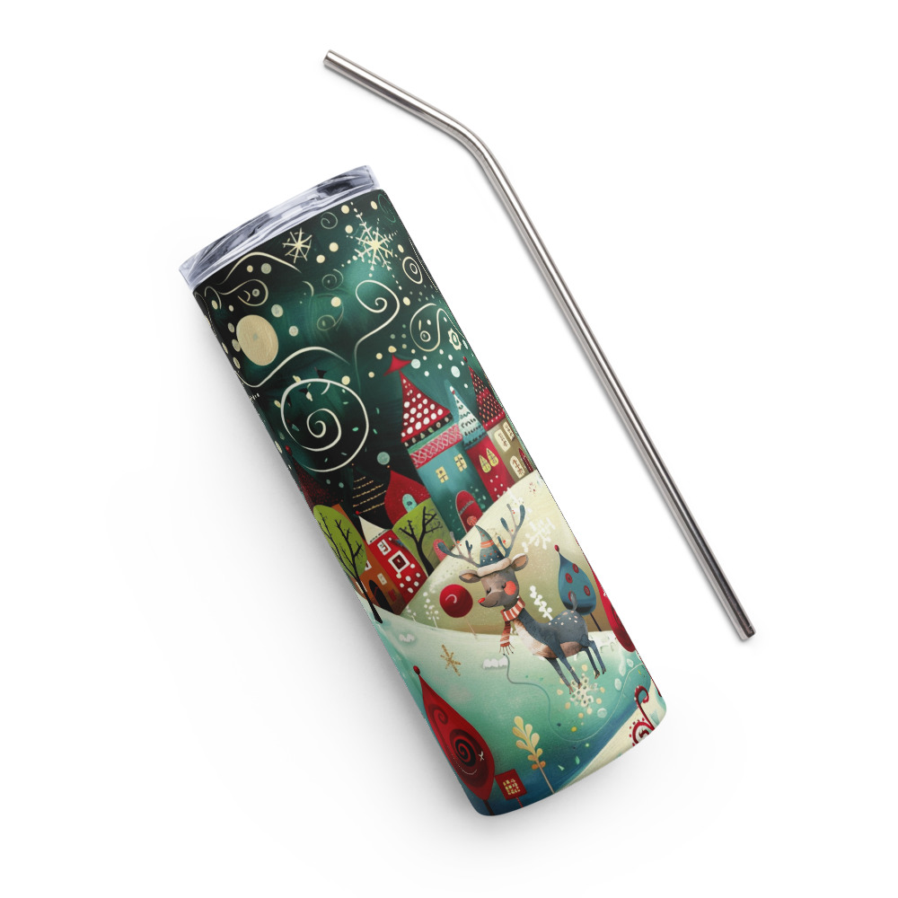 Vaso de acero inoxidable con Bonita Aldea de Cuento y dibujo de un tierno Reno - Imagen 4