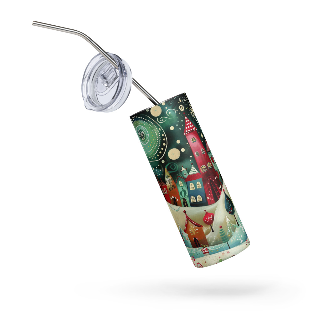 Vaso de acero inoxidable con Bonita Aldea de Cuento y dibujo de un tierno Reno - Imagen 5