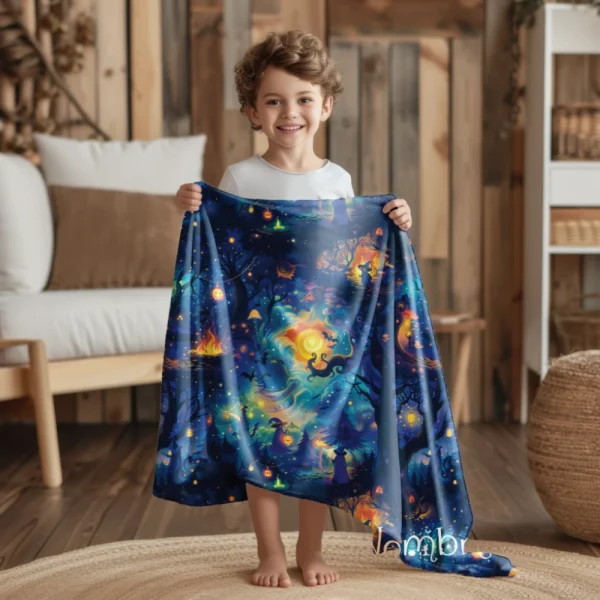 Manta de misterio mullida con motivos de magia y fuego en fondo azul [Personalizable] - Imagen 3