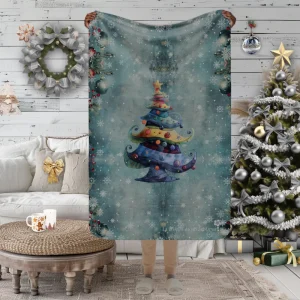 Manta con diseño de Árbol Mágico de colores sobre fondo de invierno y copos de nieve