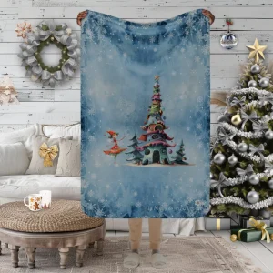 Manta con diseño de Árbol y Chica de cuento sobre fondo de invierno y copos de nieve