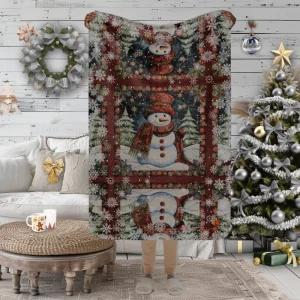 Manta con Ventana de Muñeco de Nieve con Gorro y Bufanda en marco Rojo