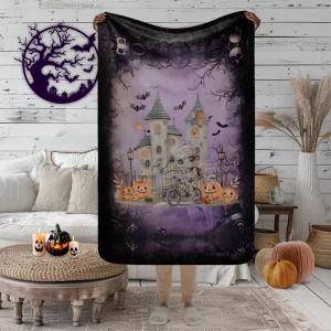 Manta de misterio mullida con bonita momia de cuento en bicicleta con castillo, calabazas y murciélagos