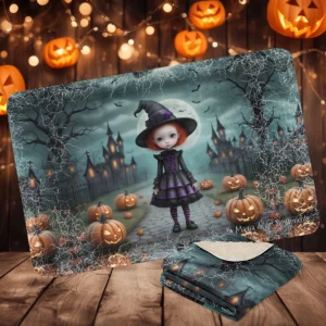 Manta de misterio mullida con niña brujita pelirroja de ojos grandes en fondo con castillo y calabazas