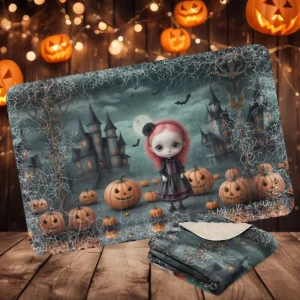 Manta de misterio mullida con niña de ojos grandes con flor negra en fondo tenebroso con castillo y calabazas