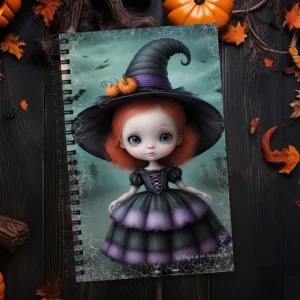 Cuaderno en Espiral con niña brujita de estilo victoriano en fondo tenebroso con calabazas
