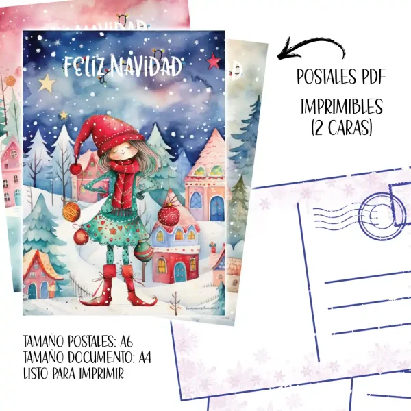 Postales de Navidad "Aldeas de Cuento" | Digitales para Imprimir | 5 postales | Frontal y trasera
