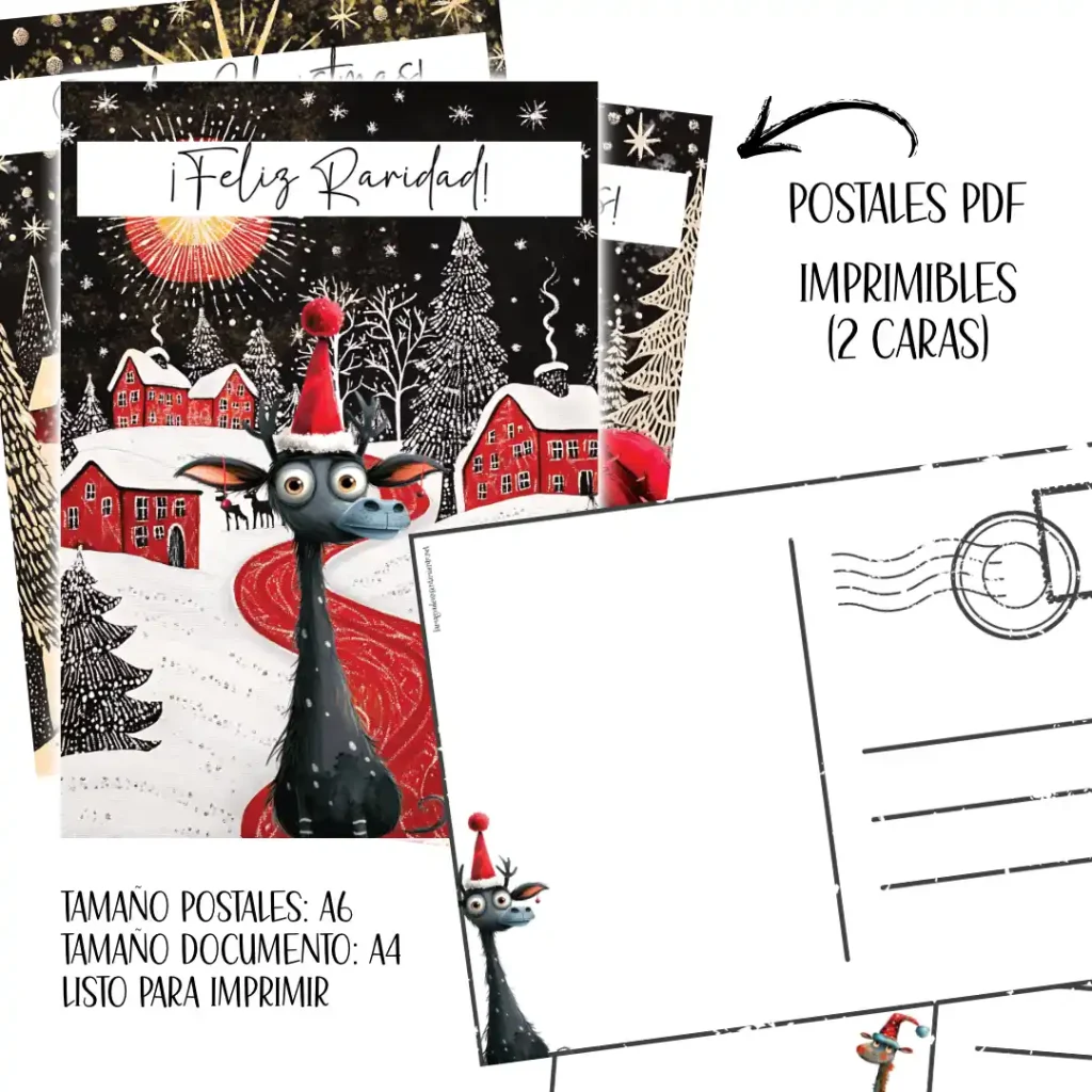 Postales "Feliz Raridad" | Digitales para Imprimir | 10 postales | Frontal y trasera | Divertidas | Navideñas