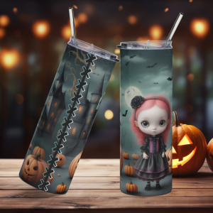 Vaso de acero inoxidable con niña de ojos grandes con flor negra en fondo tenebroso con castillo y calabazas