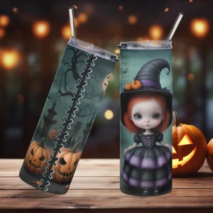 Vaso de acero inoxidable con niña brujita de estilo victoriano en fondo tenebroso con calabazas