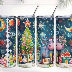 Vaso de acero inoxidable con bonita Vaca con colorido fondo Navideño