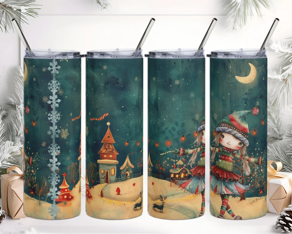 Vaso de acero inoxidable con una Niña posando en Navidad con Aldea de fantasía al fondo