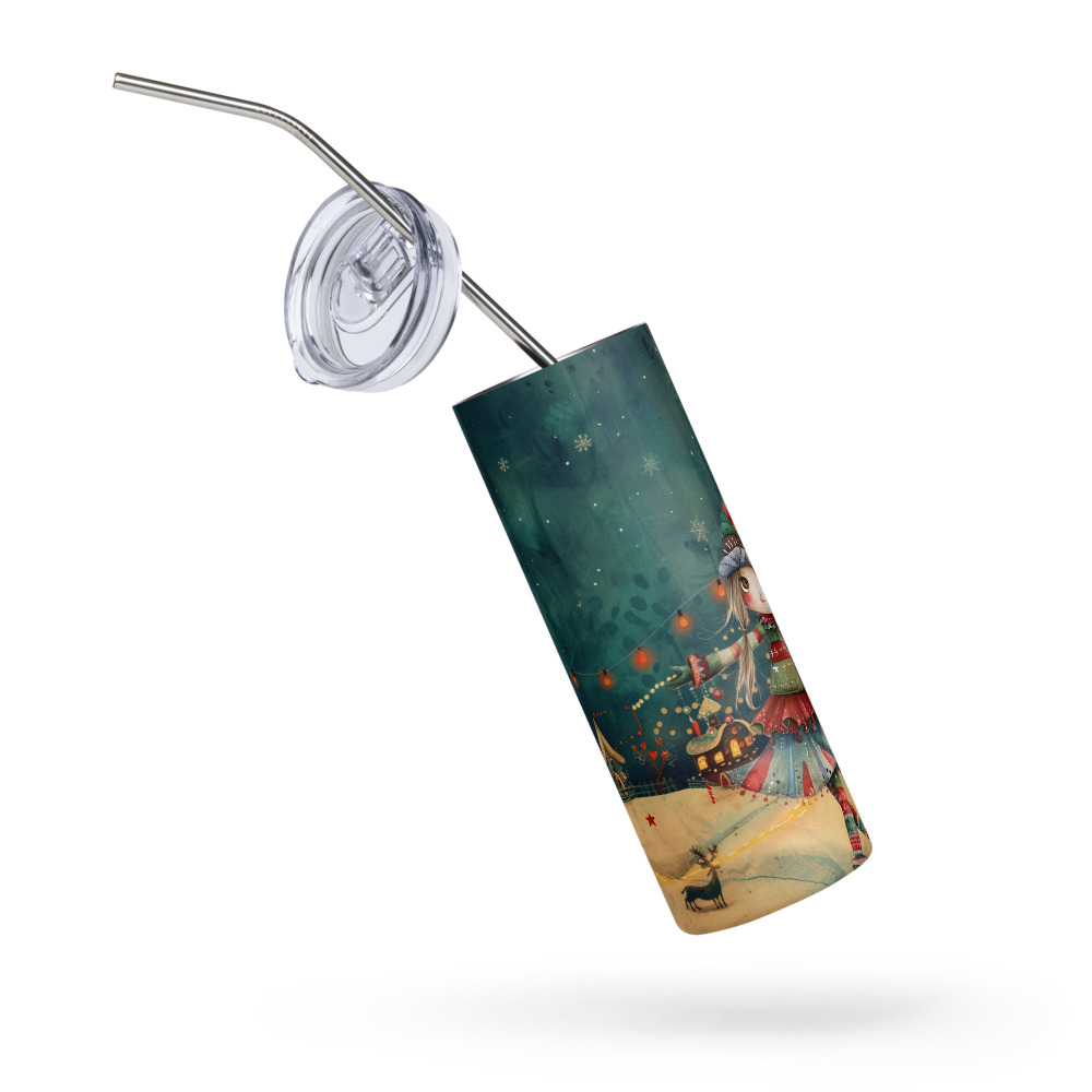 Vaso de acero inoxidable con una Niña posando en Navidad con Aldea de fantasía al fondo - Imagen 5