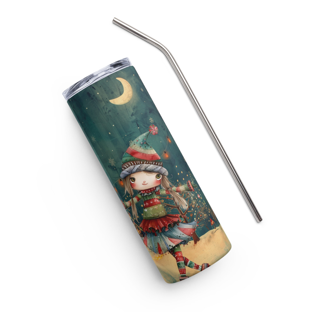 Vaso de acero inoxidable con una Niña posando en Navidad con Aldea de fantasía al fondo - Imagen 4