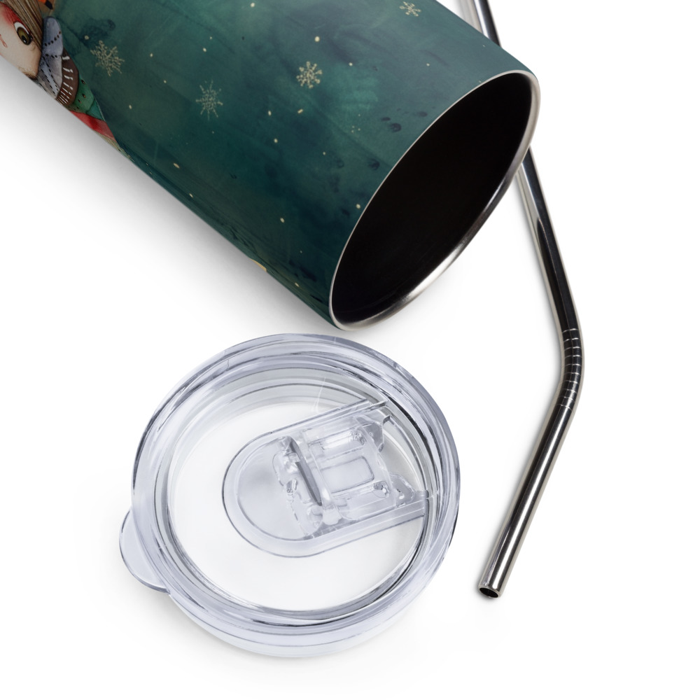 Vaso de acero inoxidable con una Niña posando en Navidad con Aldea de fantasía al fondo - Imagen 7