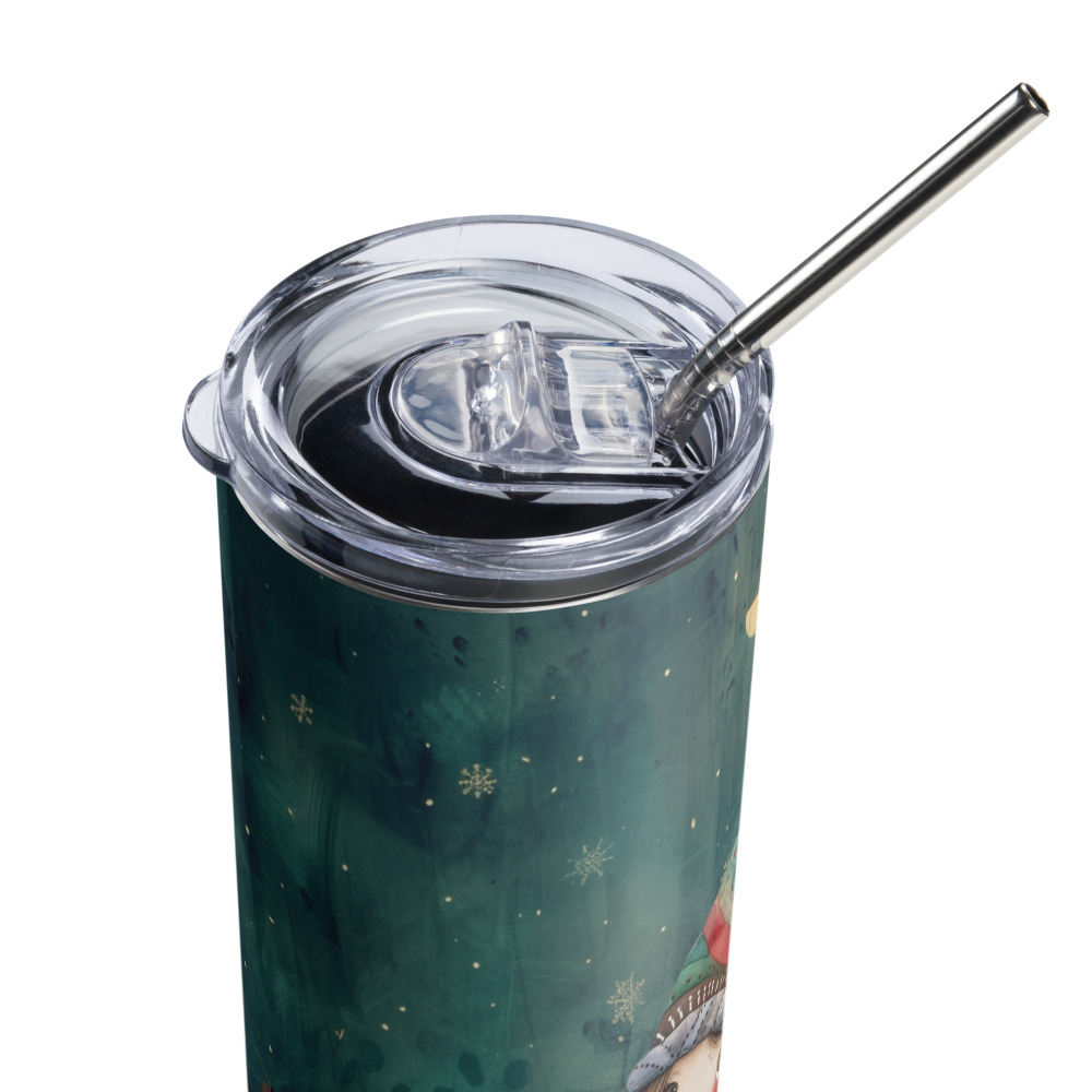 Vaso de acero inoxidable con una Niña posando en Navidad con Aldea de fantasía al fondo - Imagen 6