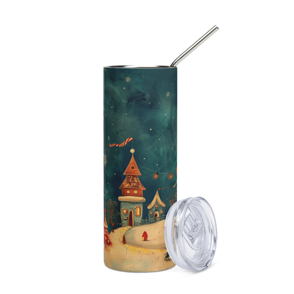 Vaso de acero inoxidable con una Niña posando en Navidad con Aldea de fantasía al fondo - Imagen 3