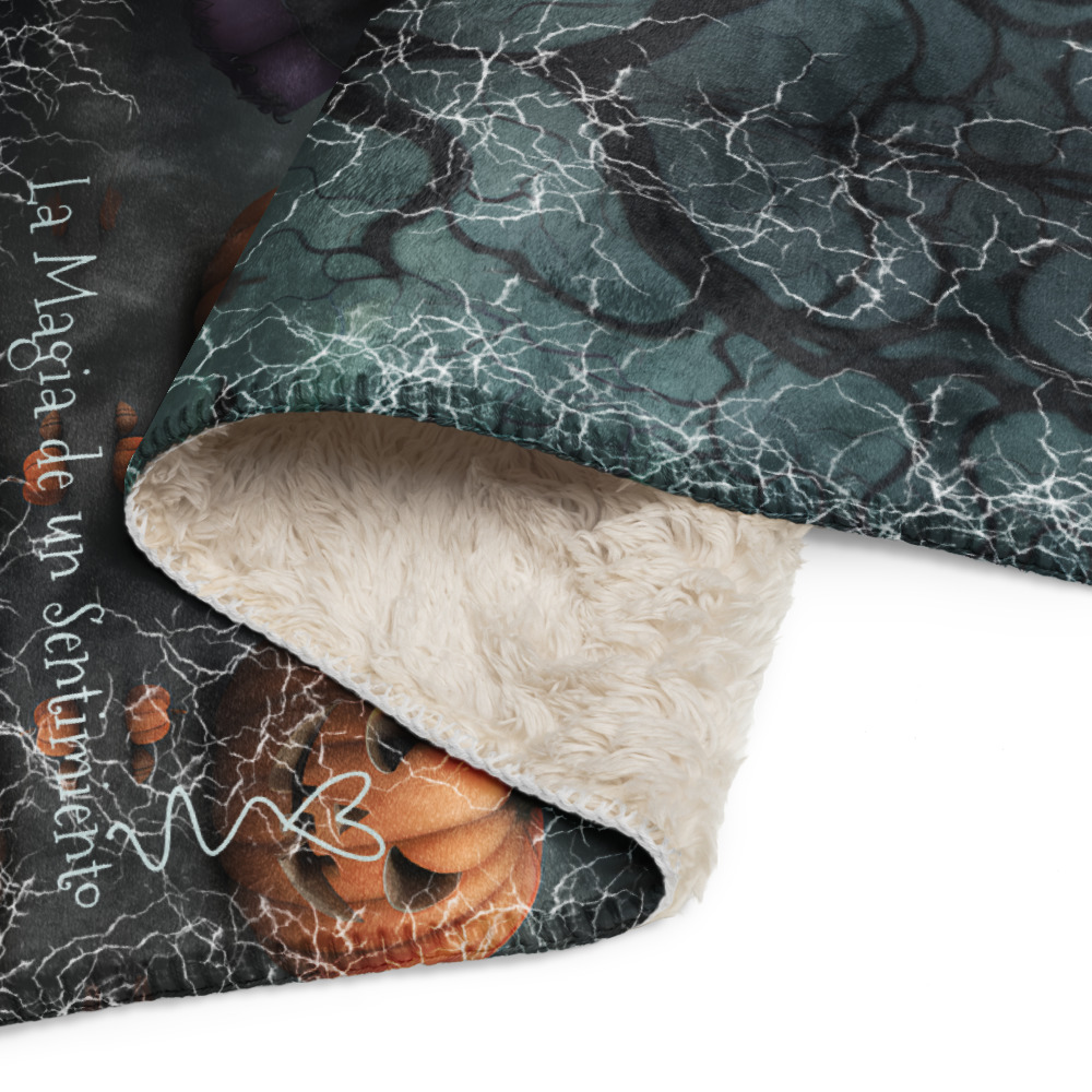 Manta de misterio mullida con niña brujita de estilo victoriano en fondo tenebroso con calabazas - Imagen 7