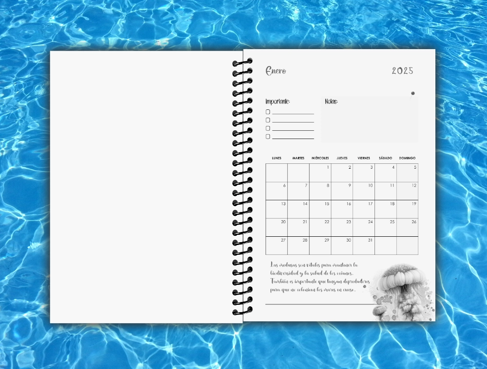 Agenda Semanal Océano Profundo 2025 en blanco y negro y encuadernación en espiral - Imagen 2