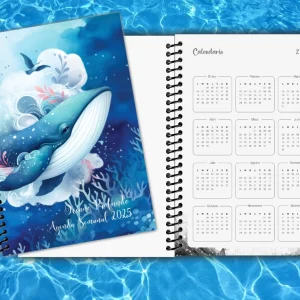Agenda Semanal Océano Profundo 2025 en blanco y negro y encuadernación en espiral