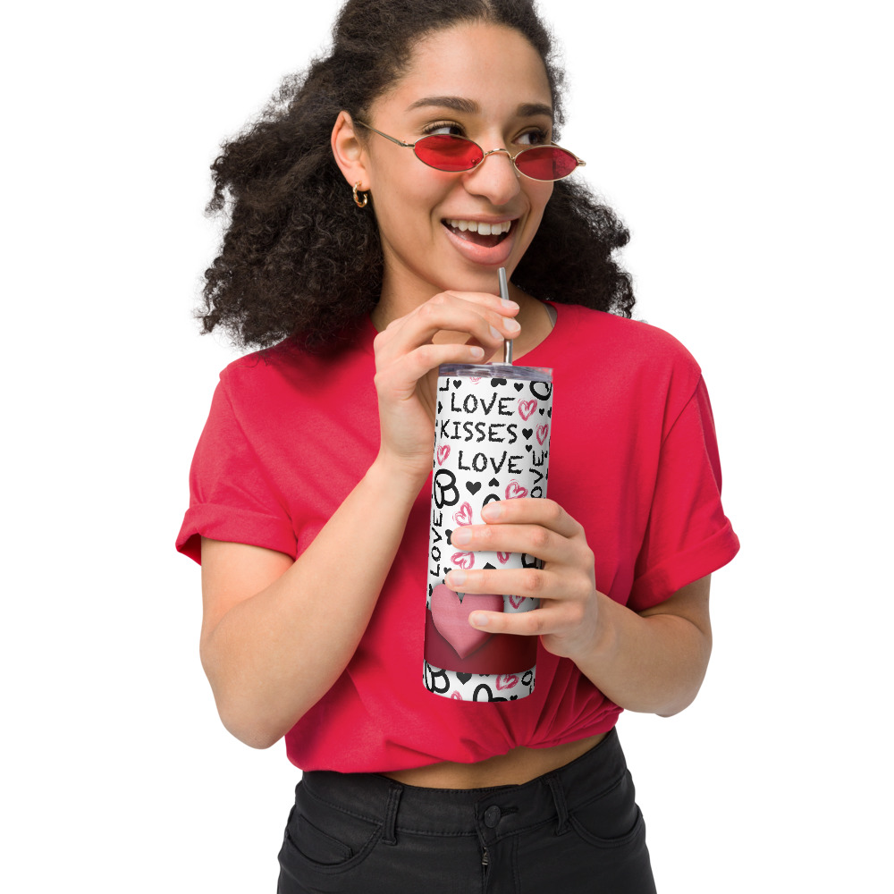 Vaso de acero inoxidable con patrón de llaves y corazones de amor - Imagen 2