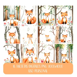 16 Postales Digitales – Zorritos Adorables en el Bosque 🦊✨ - Formato PNG