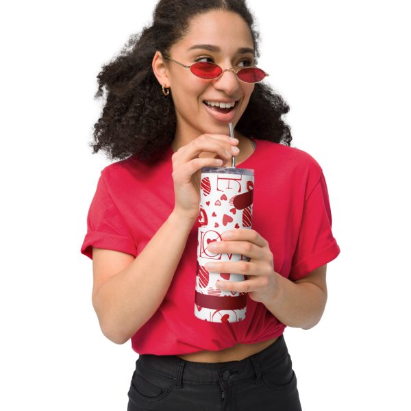 Vaso de acero inoxidable con patrón de corazones y la palabra LOVE en rojo sobre blanco - Imagen 2