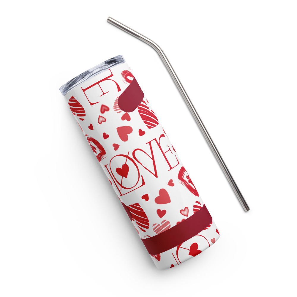 Vaso de acero inoxidable con patrón de corazones y la palabra LOVE en rojo sobre blanco - Imagen 5