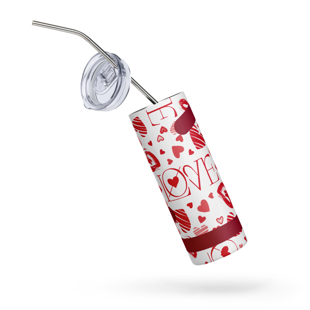 Vaso de acero inoxidable con patrón de corazones y la palabra LOVE en rojo sobre blanco - Imagen 6