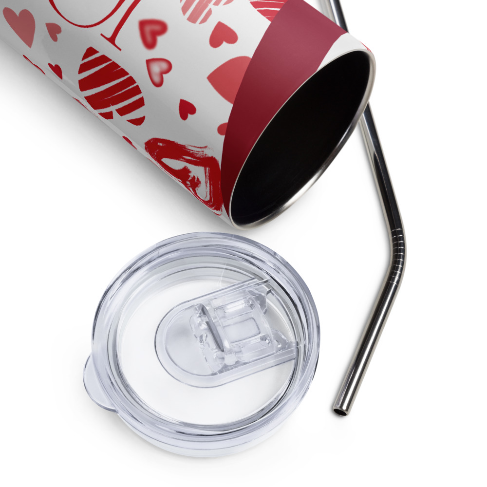 Vaso de acero inoxidable con patrón de corazones y la palabra LOVE en rojo sobre blanco - Imagen 4