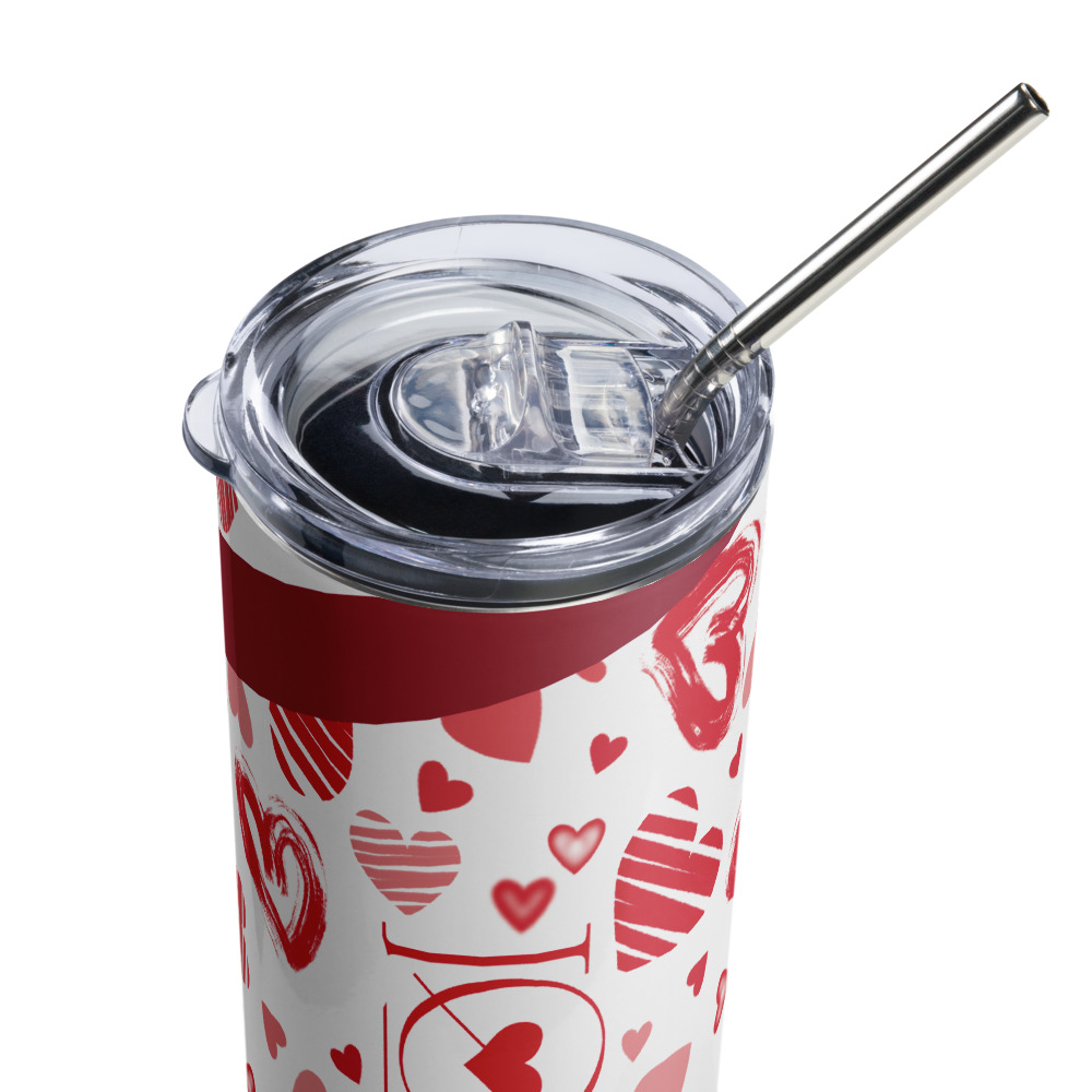 Vaso de acero inoxidable con patrón de corazones y la palabra LOVE en rojo sobre blanco - Imagen 3