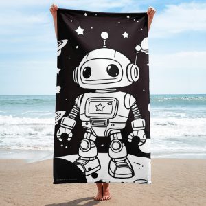 Toalla con dibujo de bonito robot en el espacio con fondo negro